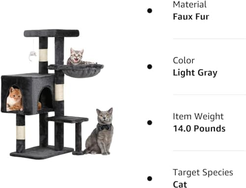 BestPet | 37" Cat Tree Tower | Light Gray | Sturdy Multi-Level Cat Tree - Image 6