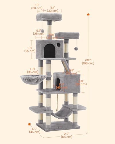 Feandrea Cat Tree, 66.1-Inch Large Cat Tower, Light Gray - Image 5