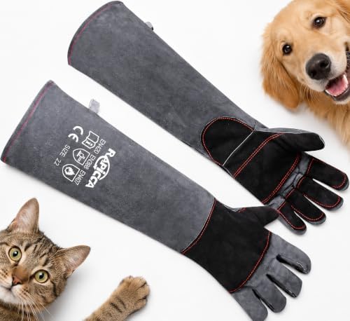 RAPICCA Animal Handling Gloves, Bite Proof Double Leather, 22 in Grey-Black by RAPICCA