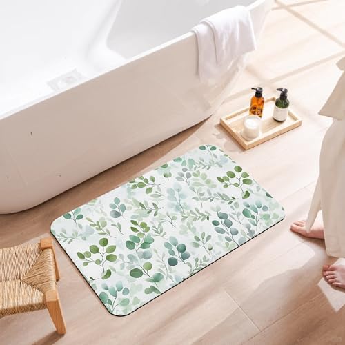 Bath Mats for Bathroom, Watercolor Green Leaf Bathroom Rugs, Spring Eucalyptus - Image 3