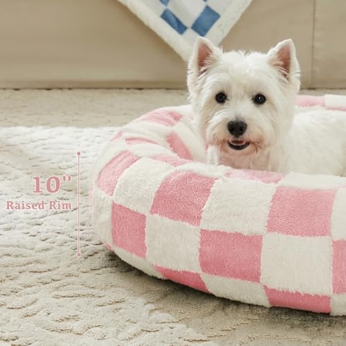 Ohocut Checkered Dog Bed, Cute Girly Pink Retro Style Aesthetic Round Warming - Image 3