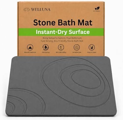 Stone Bath Mat for Bathroom, Diatomaceous Earth Shower, Dark Gray by WELLUNAHOME