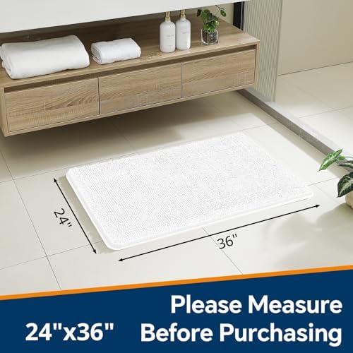 Chenille Bathroom Rug 24"x36" White, Non-Slip Plush Bath Mat - Image 2