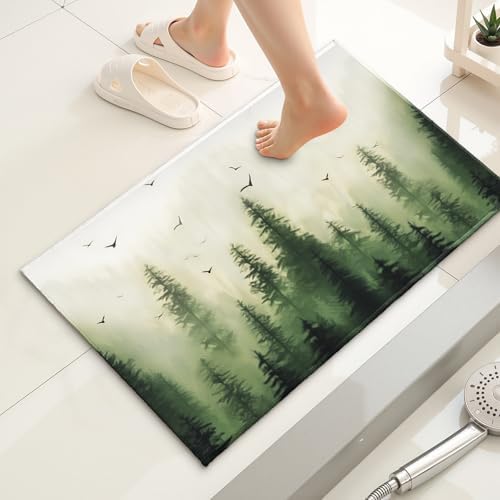 Giwawa Green Misty Forest Bath Rug Mountain Woodland Bathtub Mat Non Slip - Image 2