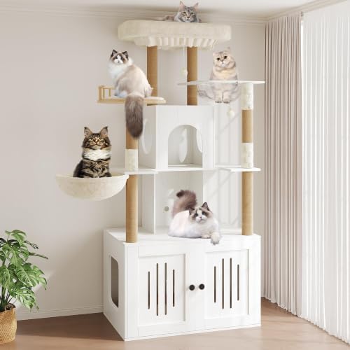Cat Tree with Litter Box Enclosure, Large Plush Top Perch, Sisal Scratching by Garvee