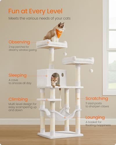 Feandrea Cat Tree, 55.8-Inch Tall Cat Tower Condo Indoor, Light Warm White - Image 5