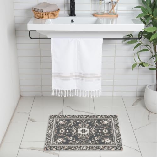 Giwawa Boho Floral Bath Rug Grey Leaves Soft Absorbent Bath Carpet 16x24 Inch - Image 2