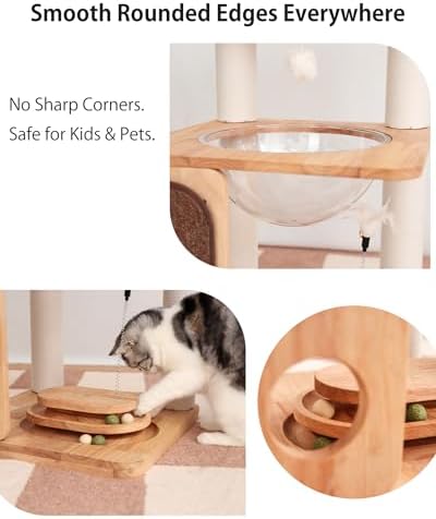 32" Wood Cat Tree Tower, Acrylic Bowl, Woven Bed & Scratch Board - Image 6