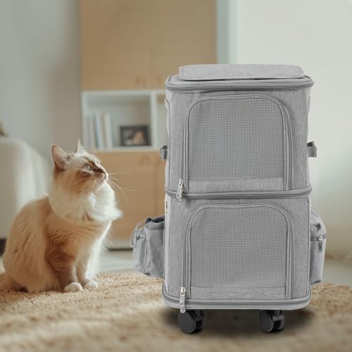 2-Tier Rolling Pet Carrier for Cats & Dogs, Removable Divider, Telescopic Handle - Image 4