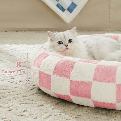 Ohocut Checkered Cat Dog Bed, Cute Girly Pink Retro Style Aesthetic Round - Image 3