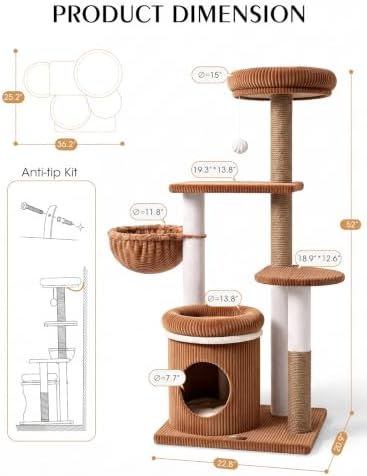 52" Cat Tree Tower for Large Cats, Modern Corduroy, Stable Base - Image 6