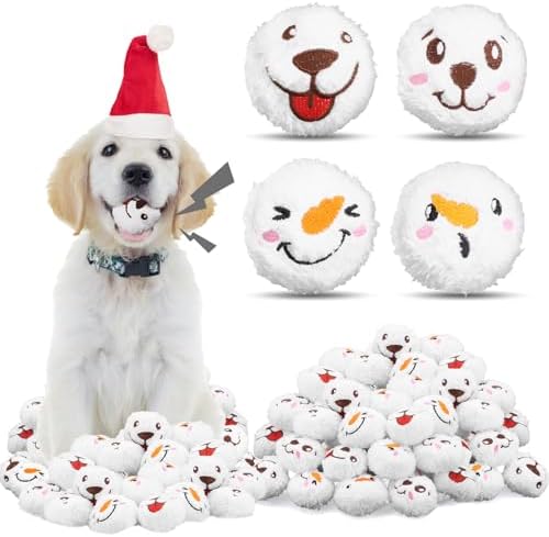 60 Pcs Christmas Dog Toys Squeaky Plush Balls, Soft Puppy Snowball with Dog & Snowman Smile, Christmas Pet Squeaker Fluffy Ball for Interactive Small & Medium Dogs Xmas Toys Party Decorations by Auliand