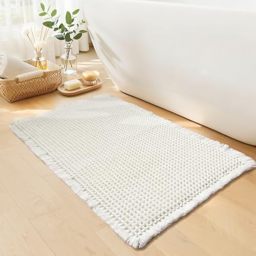 White Bathroom Rugs, Waffle Bath Mat Non Slip Washable by GRLYUH