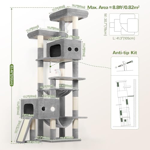 Globlazer 83inch Sturdy Multi-Level Tall Cat Tower, Light Grey - Image 6
