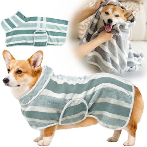 Quick-Dry Dog Bathrobe, Absorbent Striped Pet Towel Coat，Green：M by Unknown
