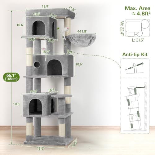 Globlazer F66 Corner Cat Tree, 66in Multi-Level Climbing Tower, Light Grey - Image 6