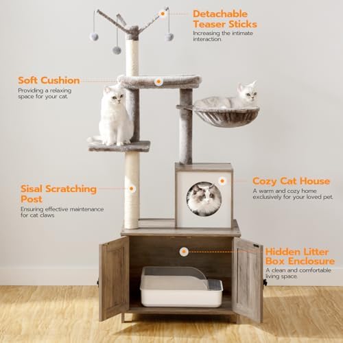 HOOBRO Cat Tree Tower with Litter Box Enclosure Indoor, Wooden Cat Condo with - Image 5
