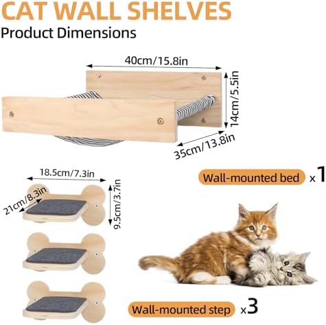 Cat Wall Hammock with 3 Steps, Pine Wood Wall Mounted Kitty Bed & Climbing - Image 2
