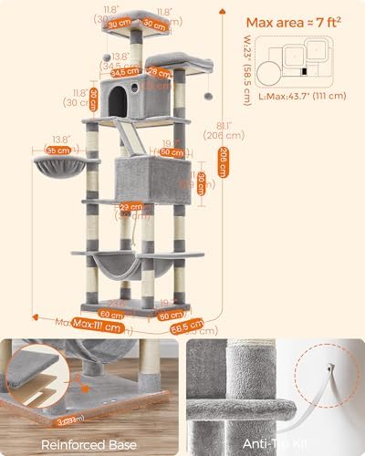 Feandrea Cat Tree, 81.1-Inch Large Cat Tower, Light Gray - Image 5