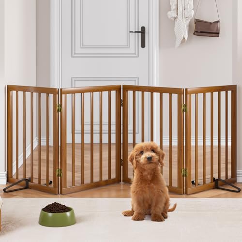 Freestanding Pet Gate Foldable 4 Panel Dog Gate Walnut Dog Gates by MinoKesper