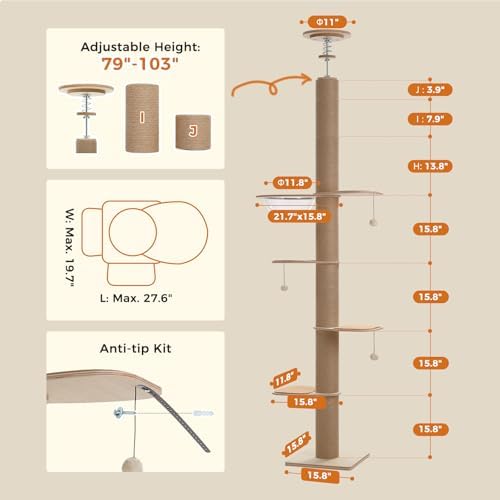 PETEPELA Floor to Ceiling Cat Tree, 79-103'' Adjustable Wood Tower - Image 2