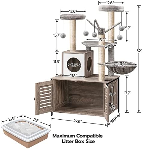 HOOBRO Cat Tree with Litter Box Enclosure, 27.6" L x 18.9" W x 52" H, - Image 3