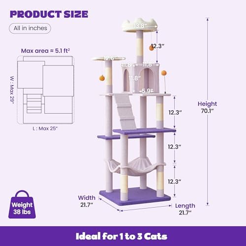 MWPO Flower Large Cat Tree, 70.1-Inch Multi-Level Tall Cat Tower - Image 6