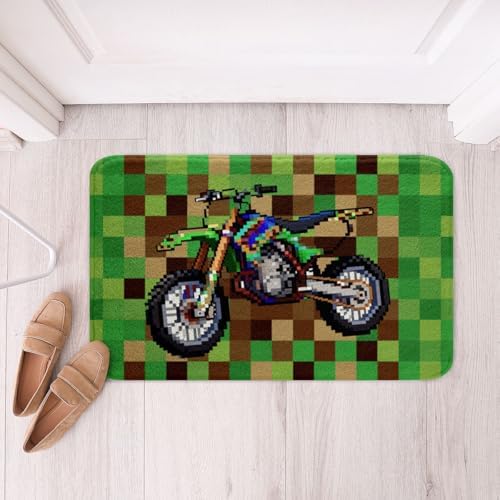 Cool Motorcycle Bath Rug, Pixelated Geometric Grid Shaggy Absorbent Non Slip - Image 3