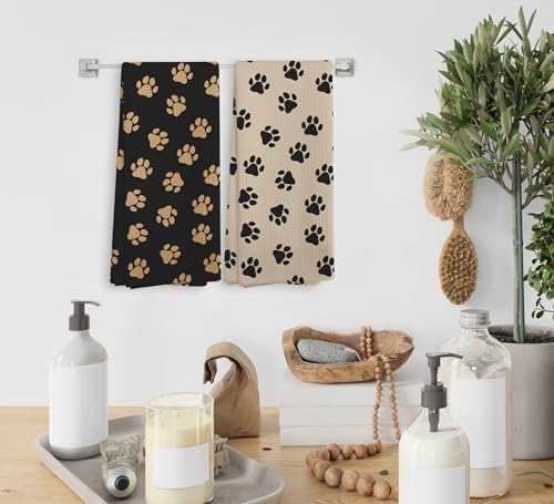 Black and Brown Dog Paws Kitchen Towels and Dishcloths Set of 2, Dog Paw Print - Image 4