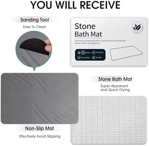 Stone Bath Mat Diatomaceous Earth Shower Mat Non Slip Super Absorbent Grey - Image 2