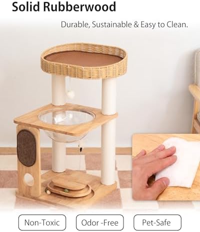 32" Wood Cat Tree Tower, Acrylic Bowl, Woven Bed & Scratch Board - Image 4