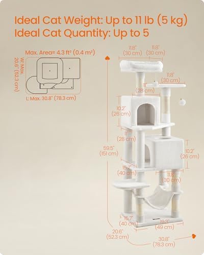 Feandrea Cat Tree, 59.5-Inch Tall Cat Tower, Cream White - Image 5