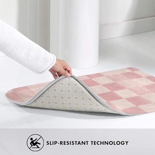 Pink Checkered Bath Mat Non-Slip Soft Microfiber Bathroom Rugs Washable Bathmat - Image 4