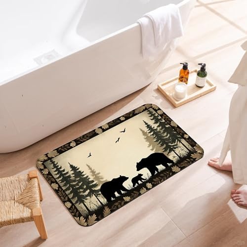 Forest Bear Family Bath Mat, Fast Drying Retro Animal Bathmats - Image 3