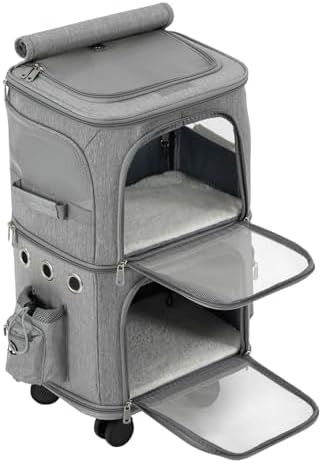 2-Tier Rolling Pet Carrier for Cats & Dogs, Removable Divider, Telescopic Handle by Unknown