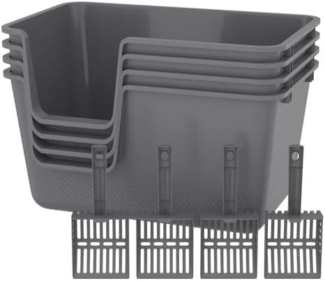 4-Pack Cat Litter Box with High Sides and Scoop, Plastic Open Top Cat Litter Box by Tstorage