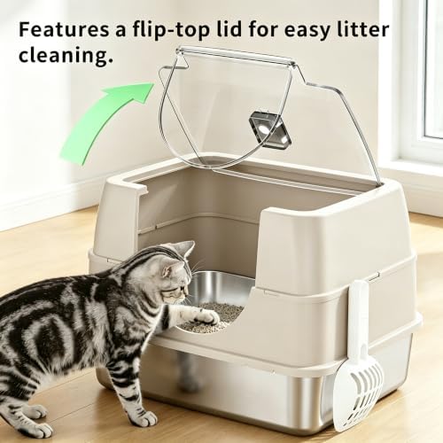 Flip-top Stainless Steel cat Litter Box, Fully Enclosed cat Toilet - Image 2