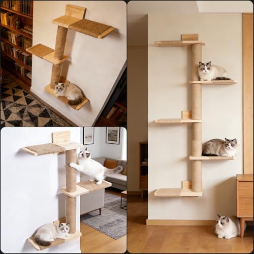 Tall Wall Cat Tree 50"‌, Wood Cat Wall Shelves Wall-Mounted Scratching Post - Image 4