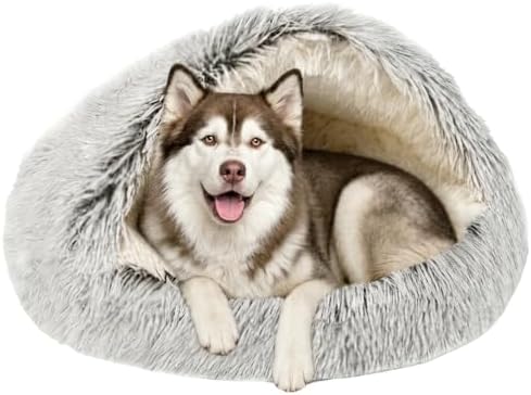 ShinHye Round Plush Fluffy Hooded Cat Bed Cave, Cozy by ShinHye