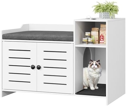 Jojoka Tall Cat Litter Box Enclosure, 33.8" Wood Hidden Litter Box Cabinet by Jojoka