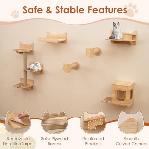 Tangkula Cat Wall Shelves, 6 Pieces Wooden Wall Mounted Kitten Furniture Set - Image 6