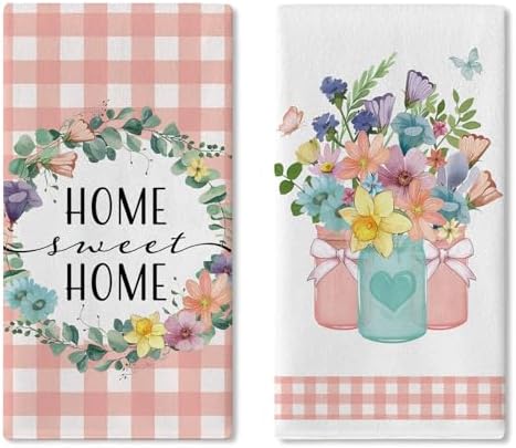 Spring Summer Floral Kitchen Dish Towels Set of 2, Home Sweet Home by Croar