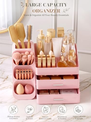 Pink Makeup Organizer with Drawer - Image 3