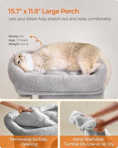 Feandrea Cat Tree, 26.4-Inch Small Cat Tower, Cute Plush Condo, Light Gray - Image 3