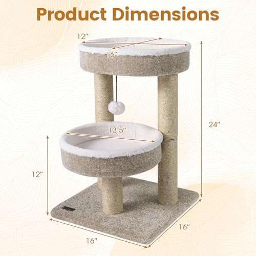 PETSITE 24-inch Small Cat Tree, 2 Comfy Cat Beds, and Interactive Hanging Ball - Image 4