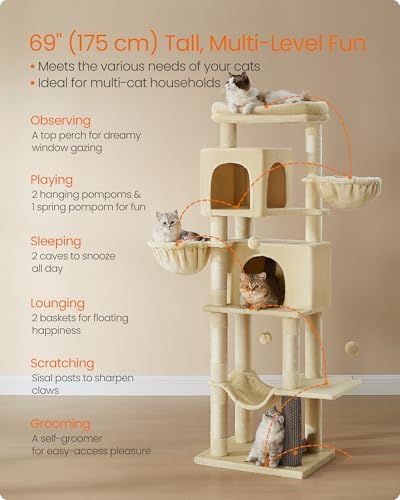 Feandrea Cat Tree, 69-in Large Cat Tower, Sand Beige - Image 3