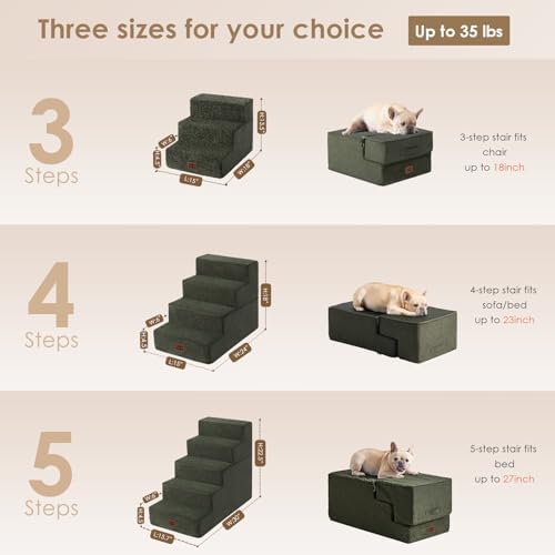 EHEYCIGA Dog Stairs for Small Dogs 13.5" H, 3-Step Dog Steps for Cats, Military - Image 2