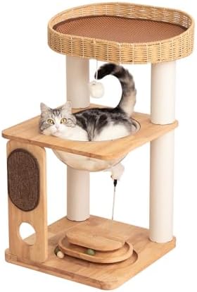 32" Wood Cat Tree Tower, Acrylic Bowl, Woven Bed & Scratch Board by PETTIFULCATTREE