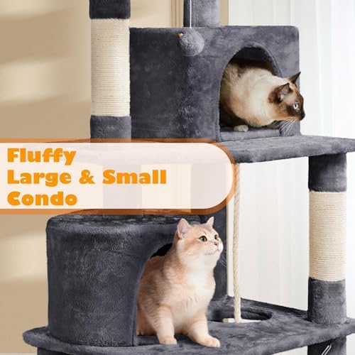 Yaheetech 62.5in Tall Cat Tree w/2 Cat-Ear Perches & 2 Condos, Dark Gray - Image 4