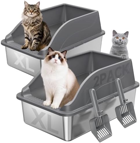 2PACK Stainless Steel Litter Boxes, Extra Large XL Odor Free Metal Litter Box by KISENG